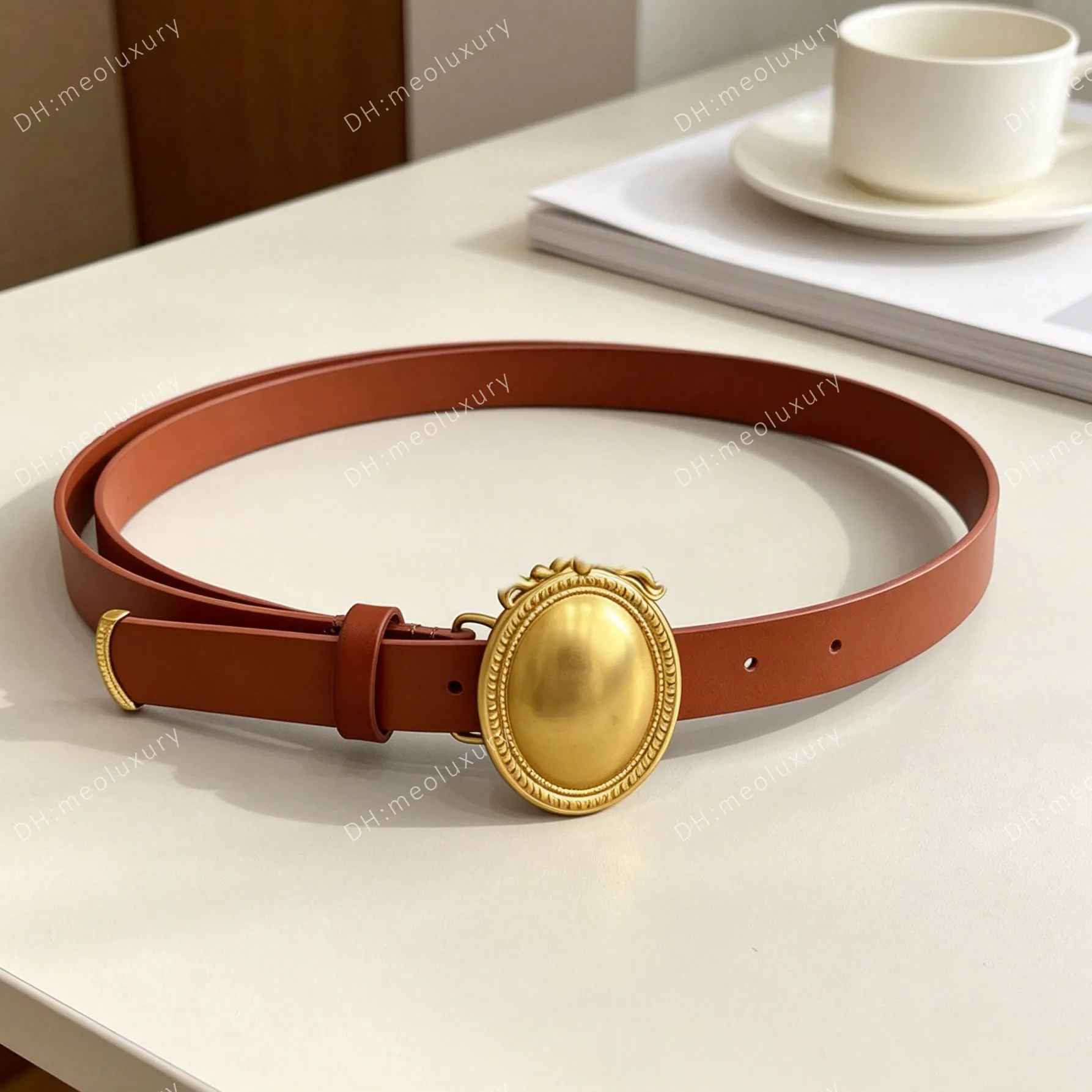 Genuine Leather Belt with Gold Buckle Fashion Retro Adjustable Women Brown Faux Leather Waistband Rodeo Belt Antique Gold  main image 2