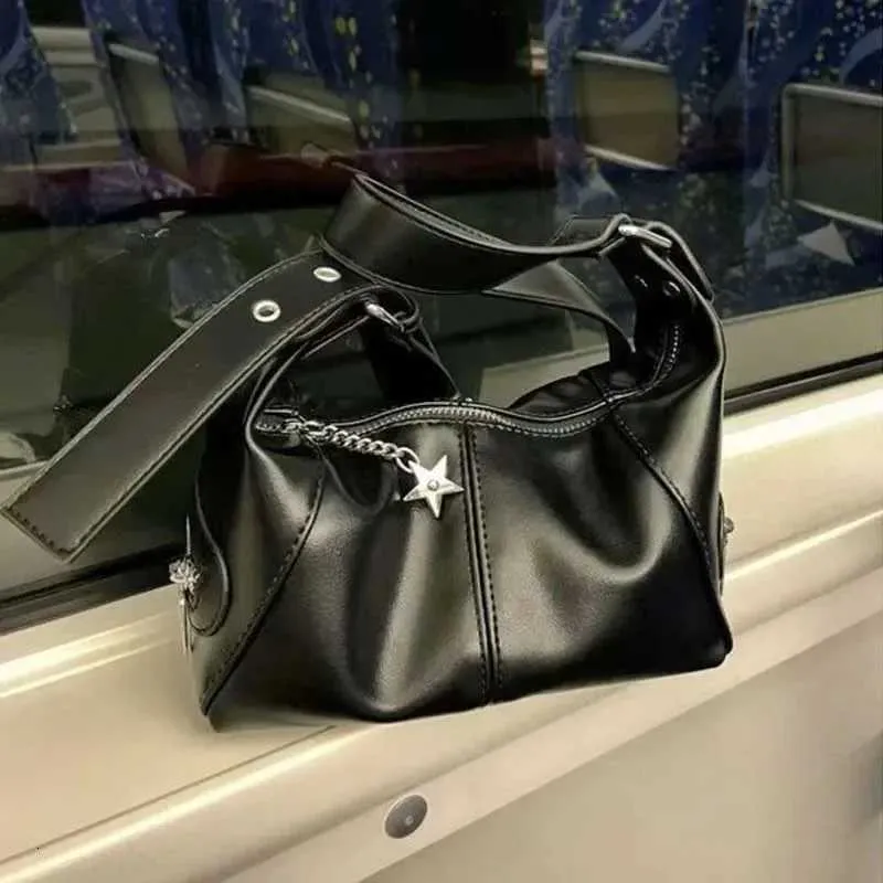 Korean Gothic Y2K Black Soft Leather Handbags  From