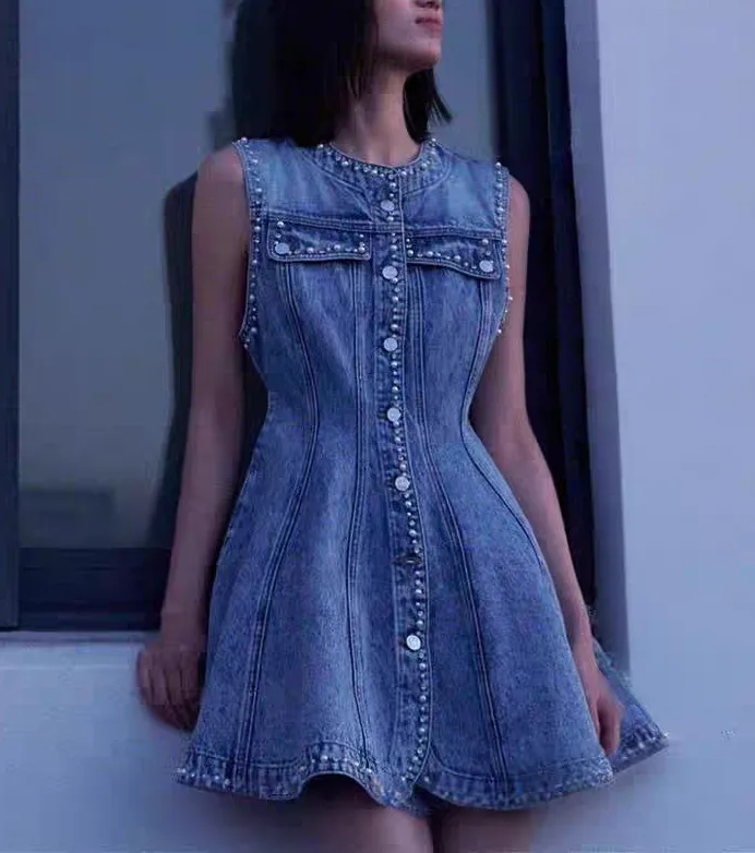 diamond and denim dress A Line Fit And Flare Diamond Bow Ribbon Denim Dress Ro + Ivy