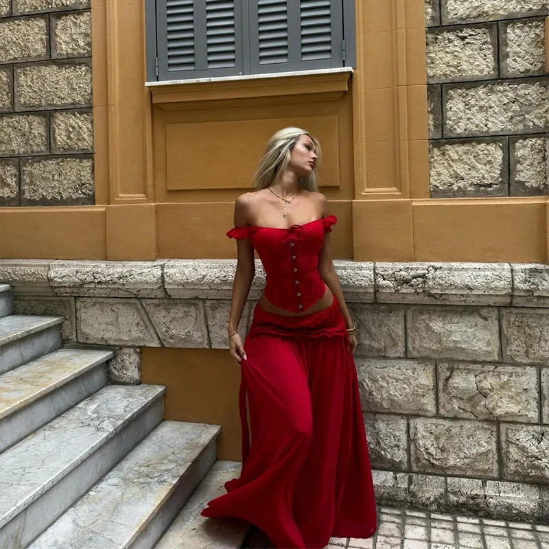 red dress two piece set red high slit dress Red Chiffon TwoPiece Maxi Dress Halter Neck, HighSlit CoOrd Set Vibes and Petals-parroquiadesanalbertomagno.com