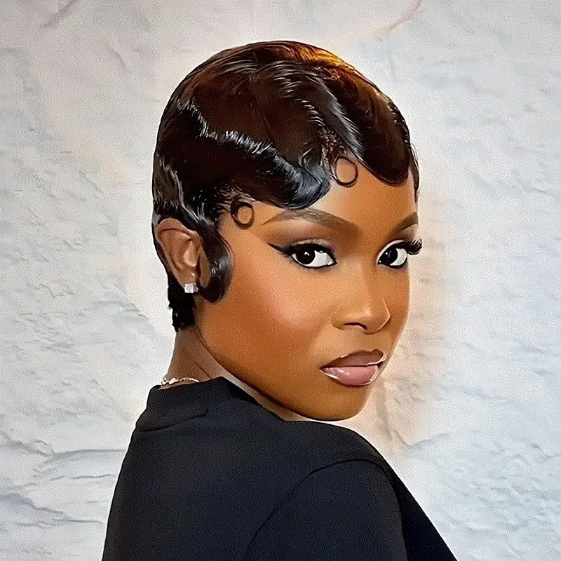 100% Brazilian Human Hair Short Curly Pixie Cut Wig 150% Density Finger Wave Amazon.com : VRZ Pixie Cut Wigs for Black Women Brazilian  main image 4