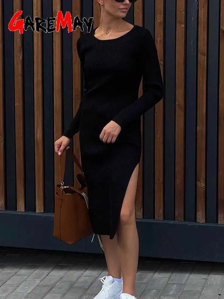 grey knitted dress 4th & Reckless knit side slit midi sweater in gray DARK NAVY