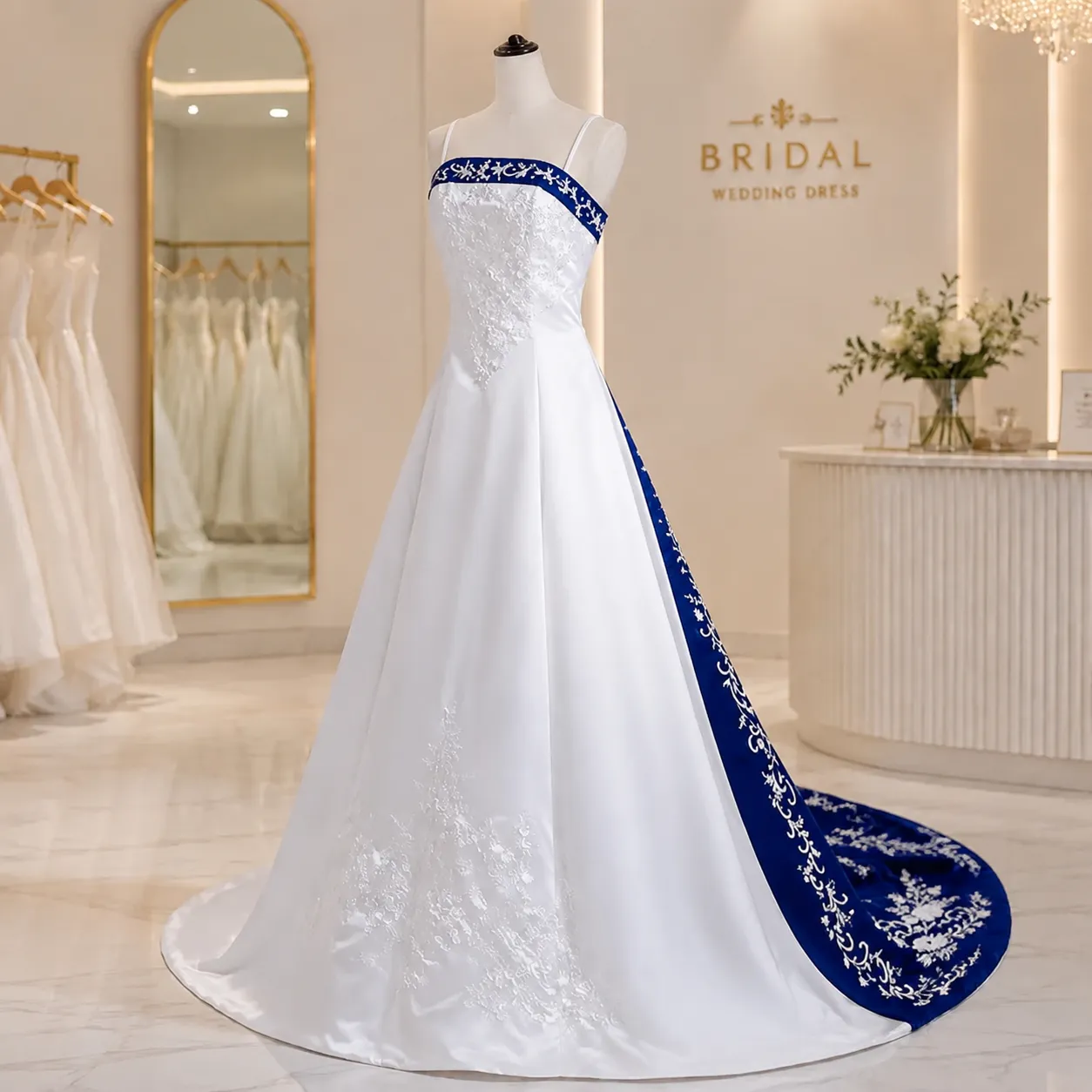 royal blue white and gold wedding dress Custom Made Satin A Line Cold... From Dreamweddings, Rs.14,669.79 collection_dresses
