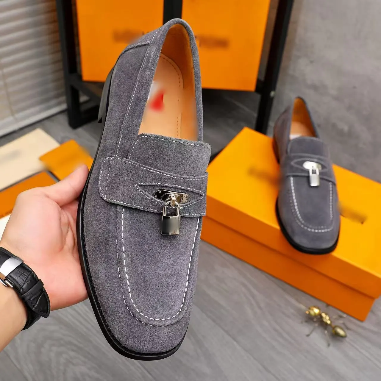 Wholesale Navy Blue Suede Penny Lior Loafer With Metal Lock  display picture 2