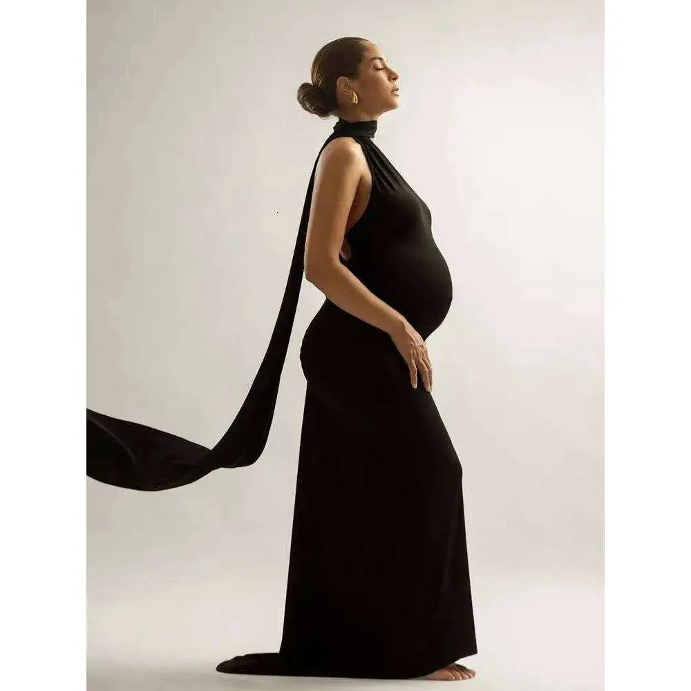backless maternity dress Momyknows Ruched Bowknot Draped High Neck Backless Bodycon Elegant Maternity Baby Shower Maxi Dress, Black / S