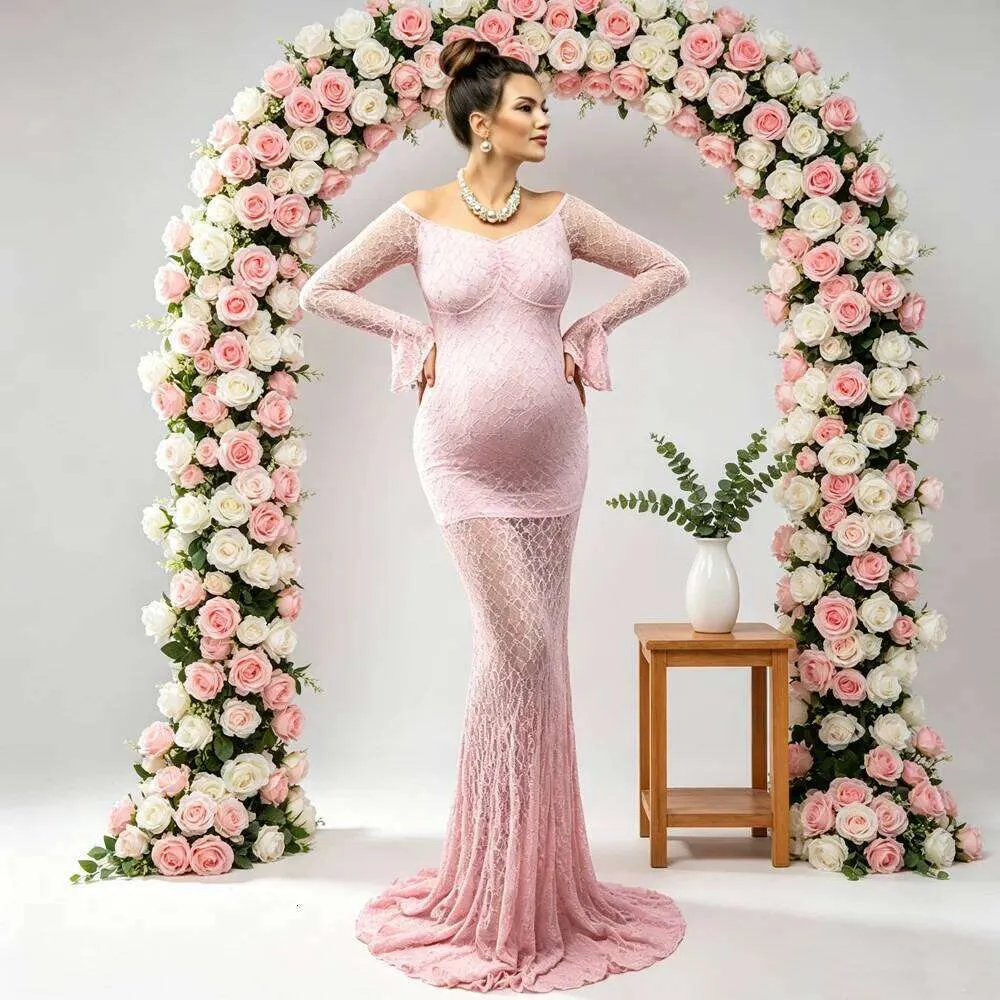 pink maternity dress baby shower Momyknows Pink Off Shoulder Bandeau Ribbed Pleated Bodycon Puff Sleeve  Evening Gown Baby Shower Maternity Maxi Dress