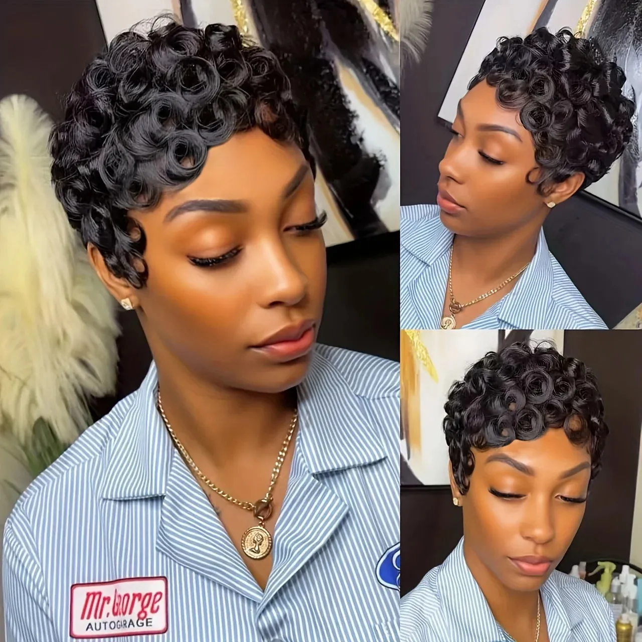 Short Pixie Cut 100% Human Hair Curly Wig with Bangs Glueless Full Machine Made Natural Human Hair Amazon Short Curly Wigs With Bangs  main image 3