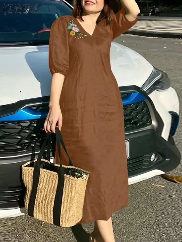 zanzea winter dresses Women V Neck Aline Vestidos Solid Holiday Casual 2024 Summer Commute Half Sleeve Floral Embroidery Midi Dress 260624 ClosureType:Zipper ZANZEA Womens Fashion 5 sc_apparel Royal Blue Satin Cocktail