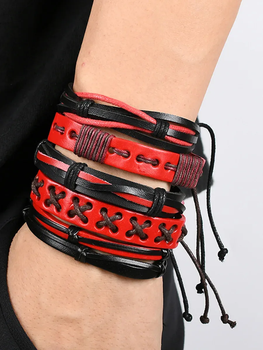 VTG Leather Braid Wrap Set 4Pcs/ Set Braided Wrap Leather Bracelets for Men Vintage  main image 2
