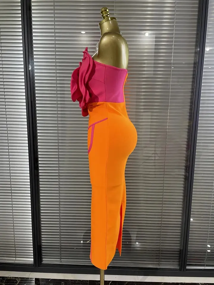Womens Orange Bodycon Bandage Dress - Sexy Big Floral Print, Shining Rhinestones, Long Sleeves
