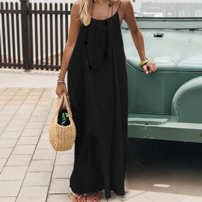 loose strap dress Titcea Spaghetti Strap Maxi Dresses for Women Boho Open Back V Neck Long Sundress Loose FLowy Pockets Casual Summer Beach Vacation Dress, Women's,