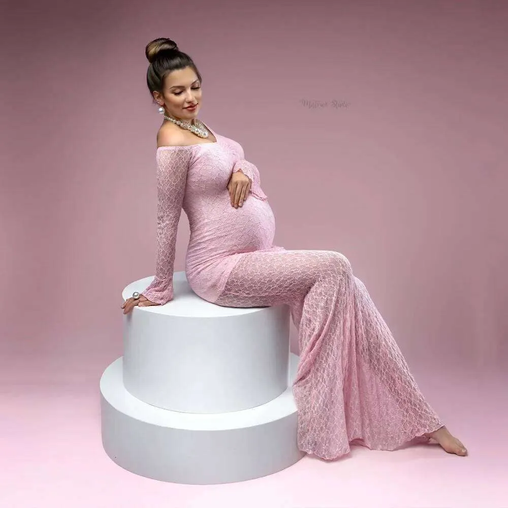 pink dresses for gender reveal Momyknows Pink Tulle Ruffle Swing V-neck Slit Photoshoot Plus Size Gown Maternity Maxi Dress, Pink / L
