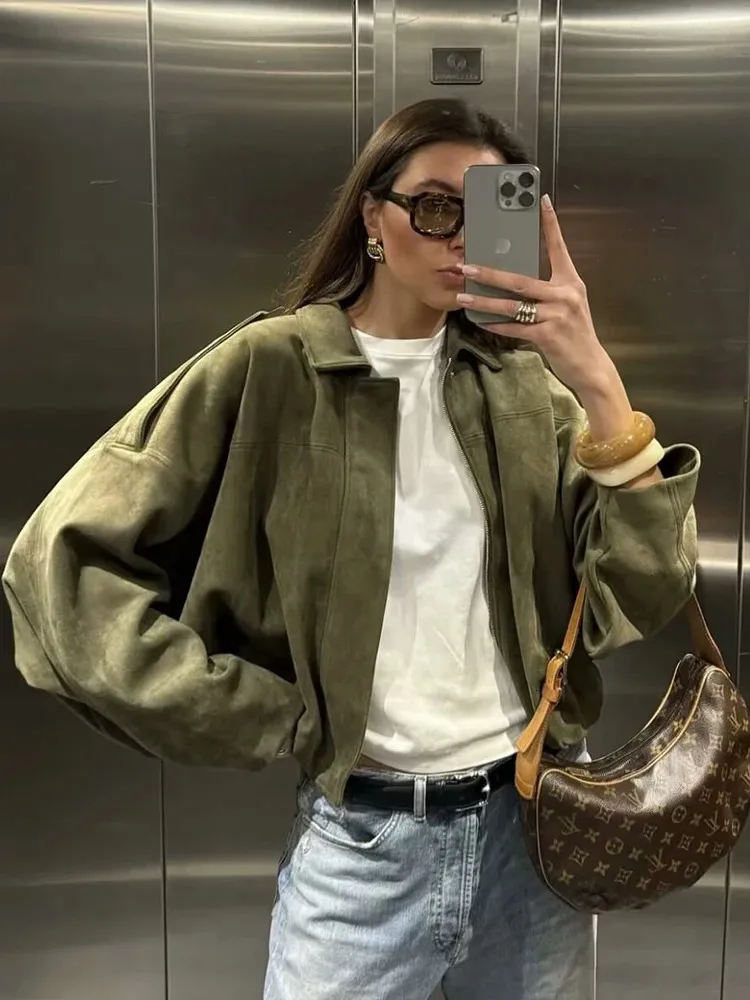 Women Green Suede Jacket 2026 Spring Fashion Long From
