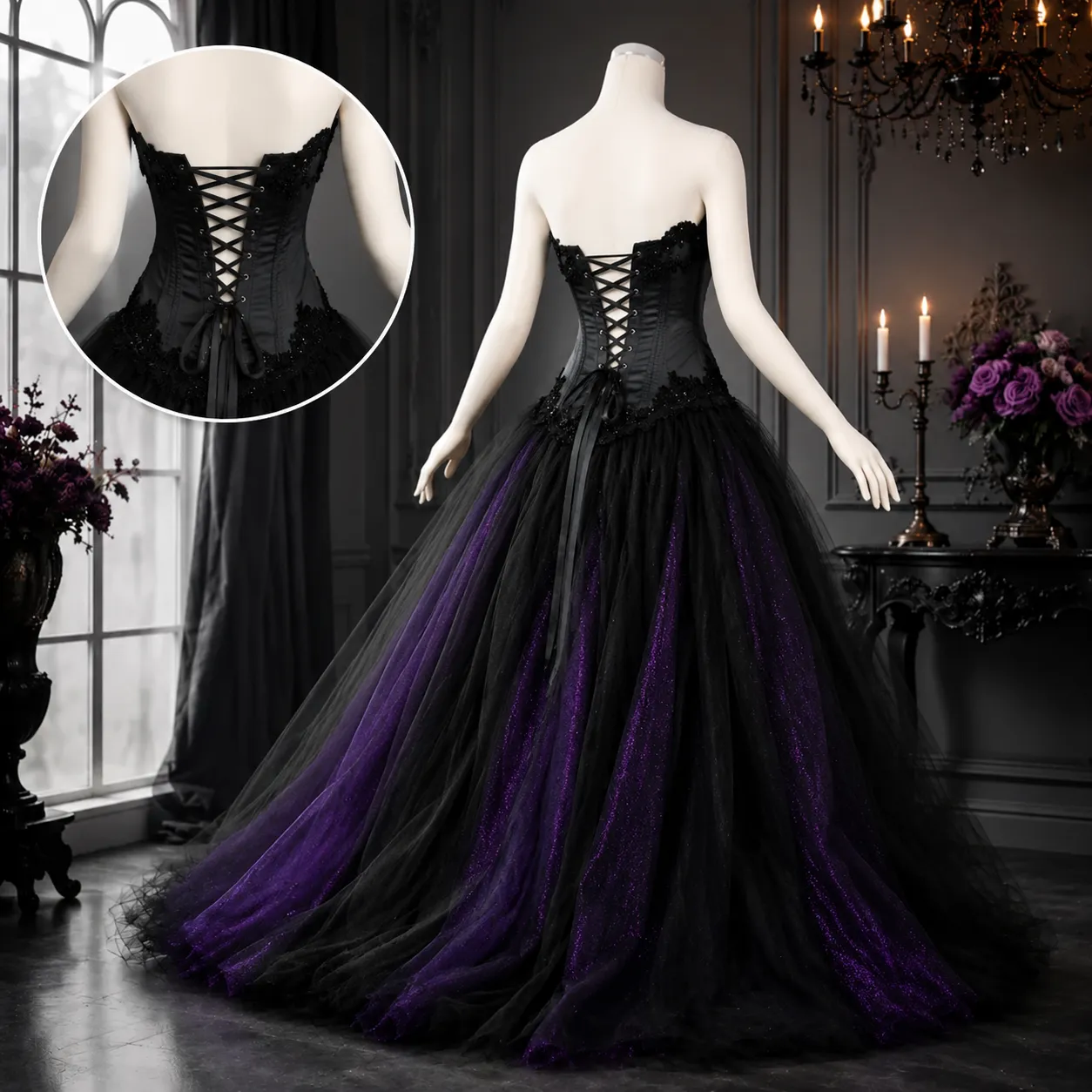 gothic purple and black wedding dress With Lace Embroidery Size 14 / Purple Boned and Fully Lined Gothic Purple and Black Strapless