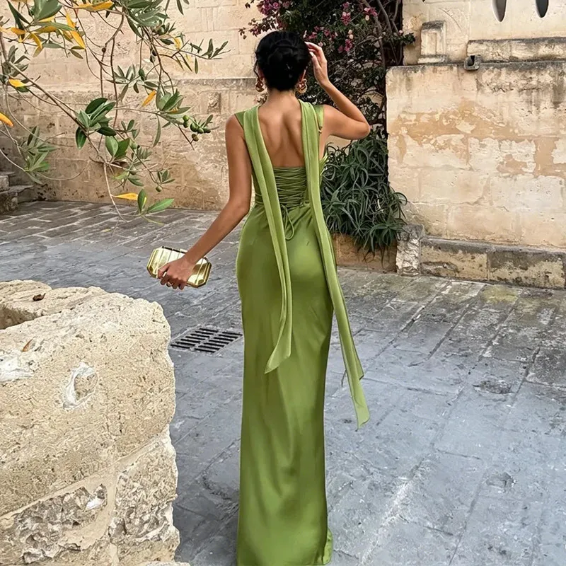 sexy maxi backless satin dress Summer Satin Backless Sexy Maxi Dress Women Elegant... From Mysticastore,  Rs.4,363.79