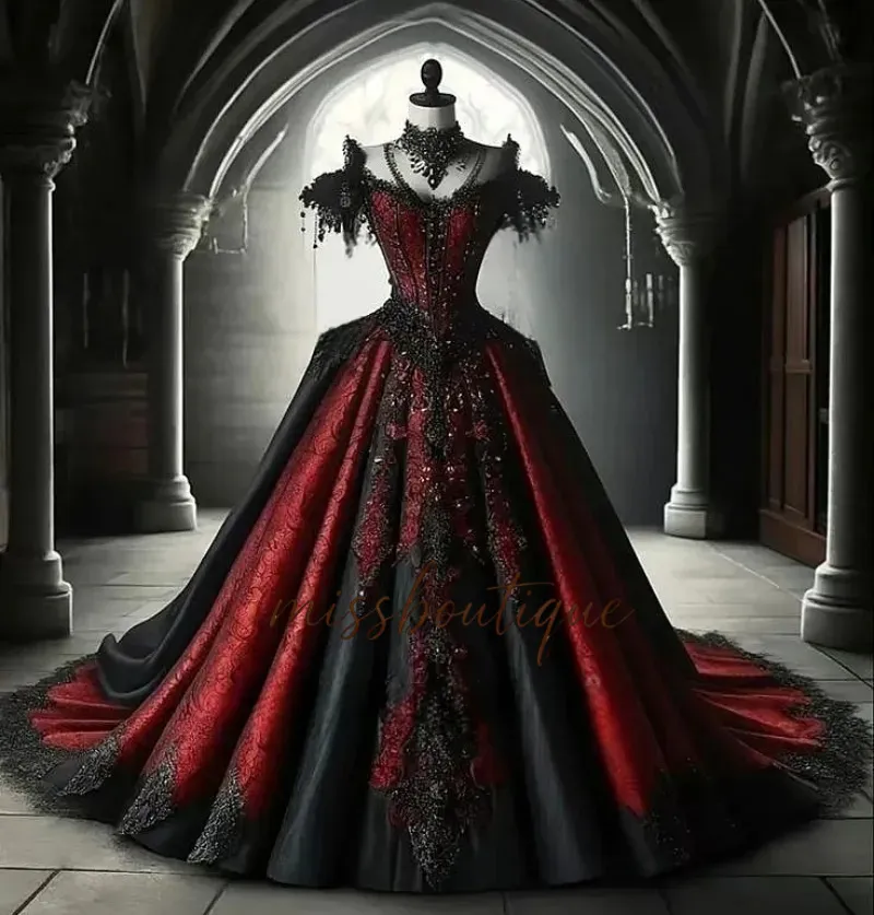 red black and silver wedding dresses Black & Red Gothic Wedding Dress, Lace A-Line Gown with Thigh Slit Emilia Sage