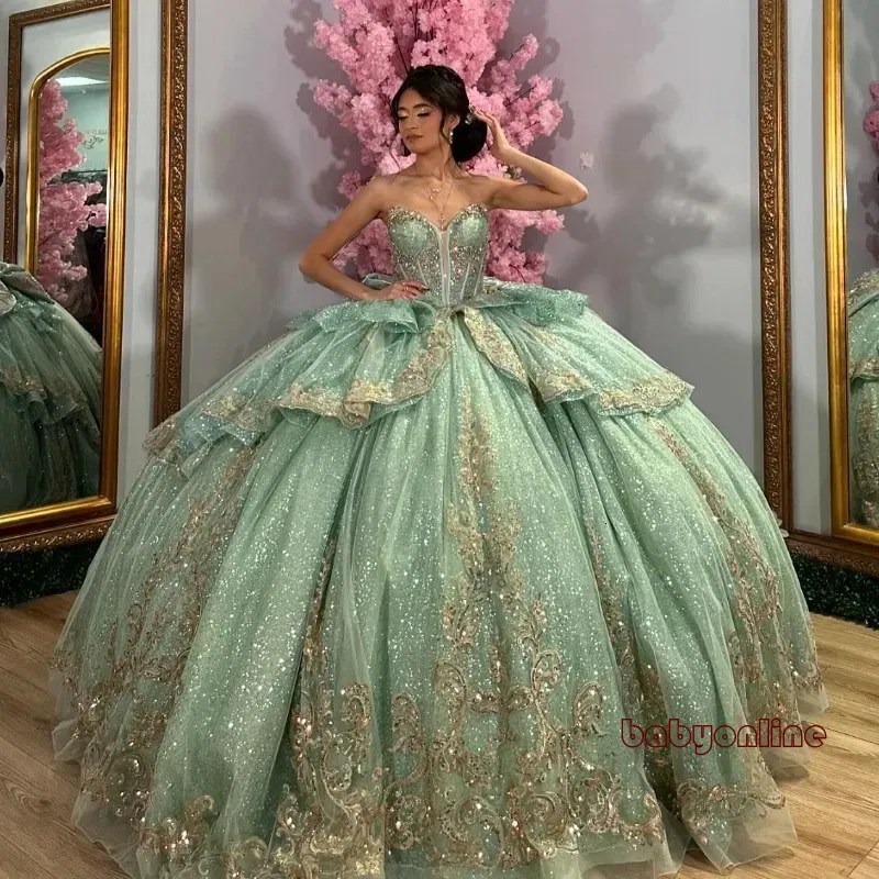 sage green sweet 16 dress Misshow Off-Shoulder Ball Gown Sparkling Sequins & Beaded T The floral appliques continue to the tulle ballgown skirt Sage Green Shiny Quinceanera Dresses