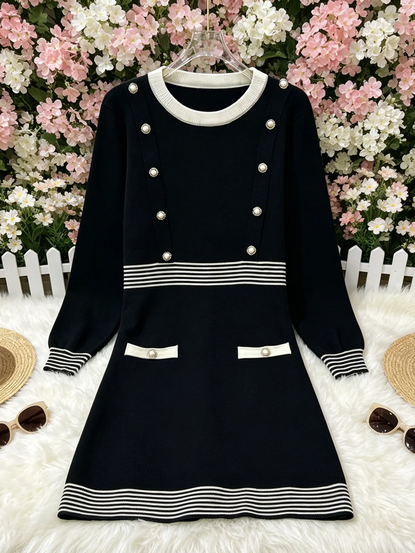 tweed knit dress Women Elegant Style Contrast White Stripe Pearl Button Long Sleeve Mini Dress Round Neck Pocket Knitted Dress color:blue