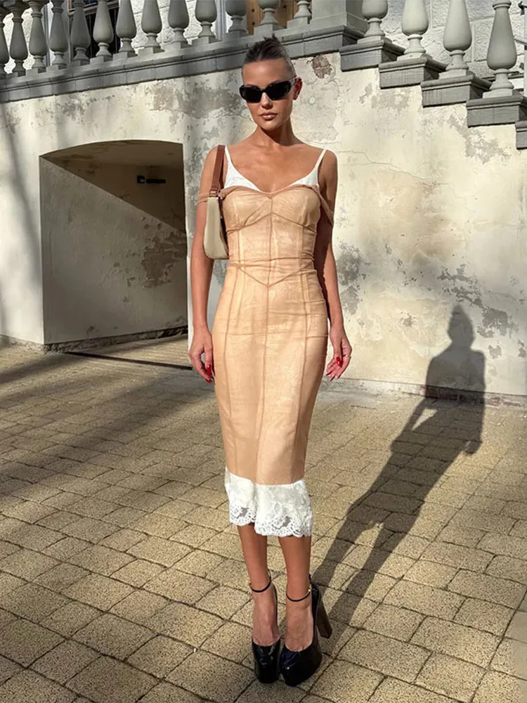 bodycon dress with sheer overlay Mesh Lace Hem Slip Midi Slim Spaghetti Strap 2026 Summer Elegant Women Dress Trendy Date Lady Gown 260624 Dress Over 500 KissProm V-Neck Chiffon A-Line Select Loafer Size:39 100% Polyester