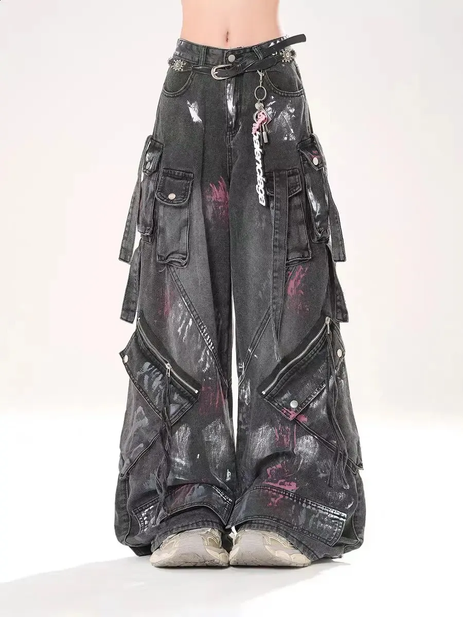 Y2K Harajuku Gothic MultiPocket Washed Black Jeans From Keng02