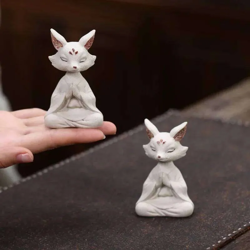Yixing Zen Inspired Nine Tailed Fox Small Ceramic Cat From