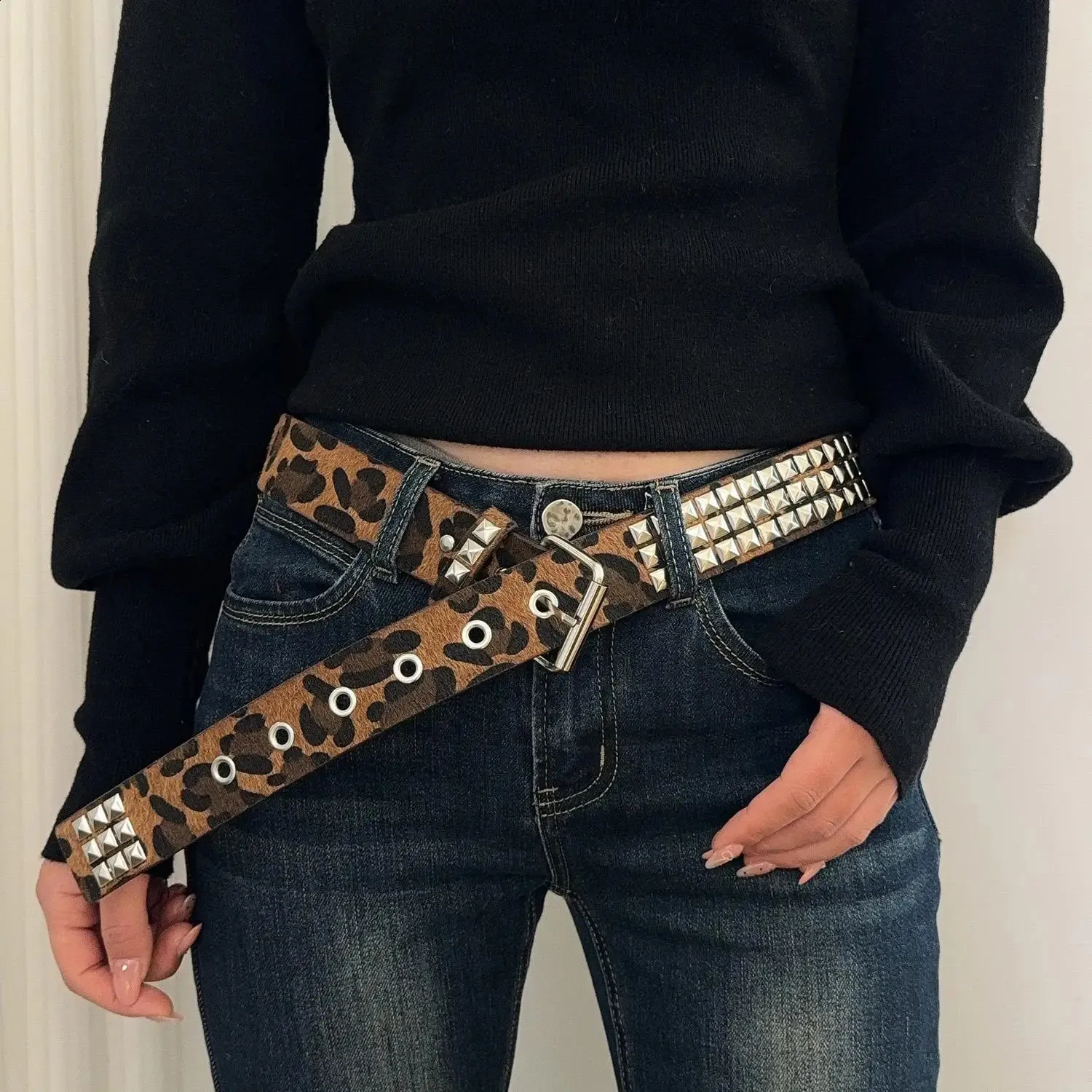 Y2K Leopard Print Studded Belt Women Punk Streetwear... From  display picture 2