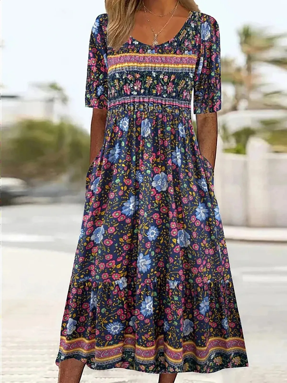 fashion print loose dress Hduncf Fashion Print Dress for Women's Striped Casual Loose Round Neck Short Sleeve Summer Spring Maxi Dress with Pockets White XL