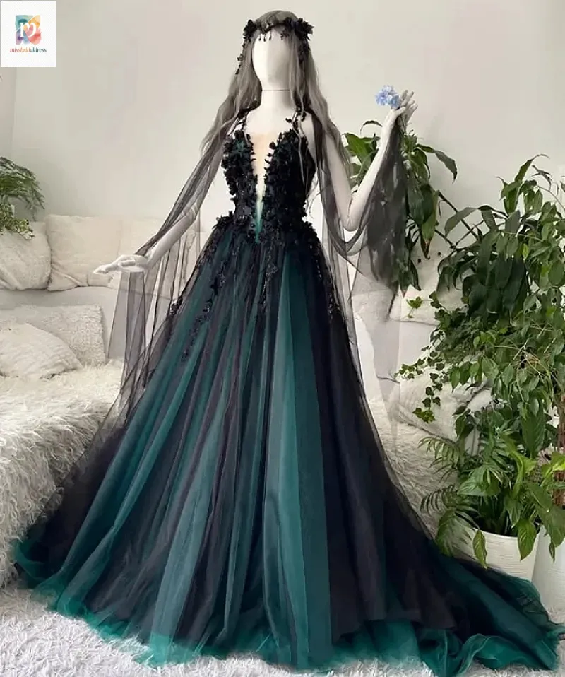black and green wedding dress Boho Plunging Lace Tulle Light Ivory / Nude Pink and you can also purchase additional sleeves to enhance the look with elegant puffy sleeves. Til Death: Moody Emerald, Black