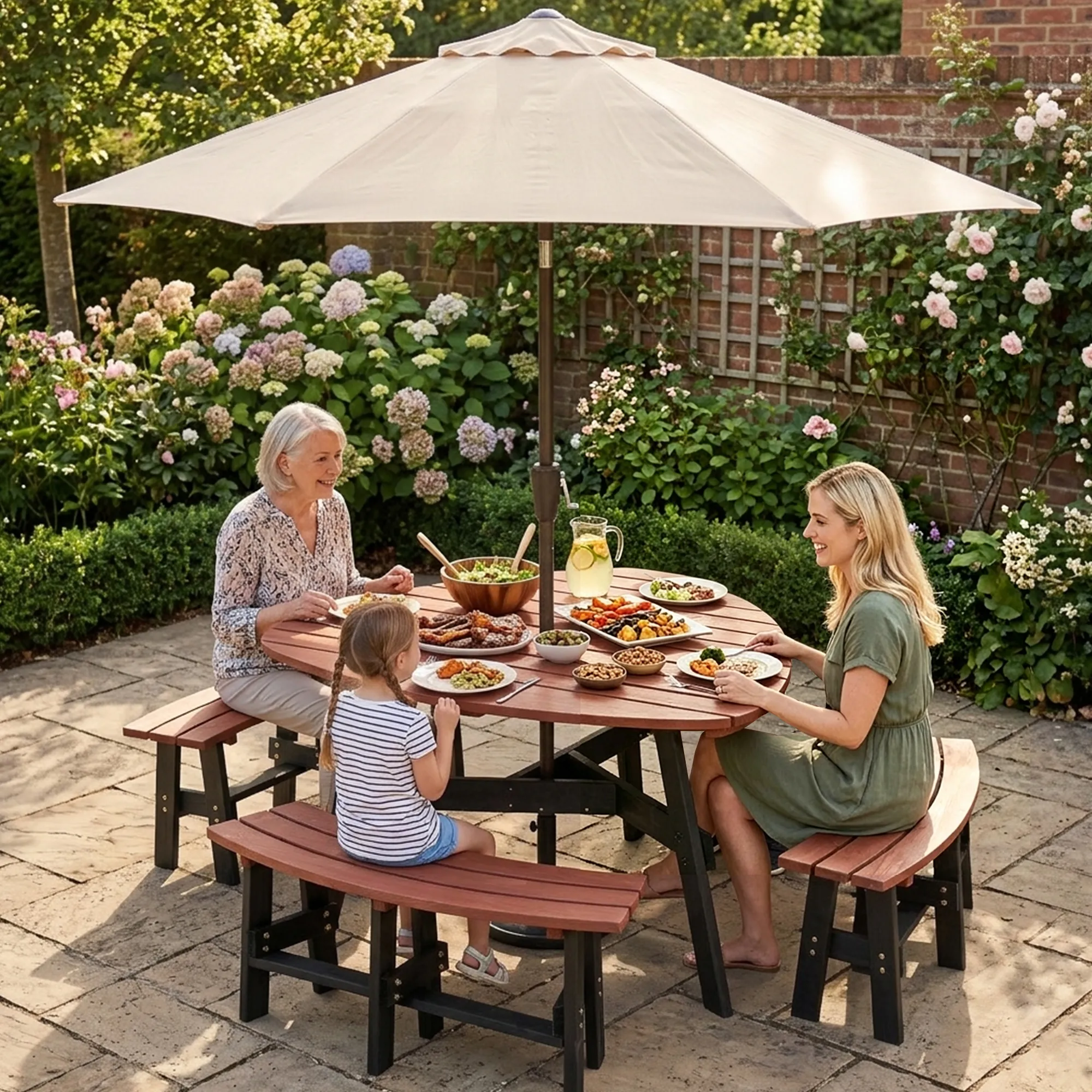attach patio umbrella through picnic table LOVE YOUR DECK Holder  Easy Installation - Space Saving Umbrella Holder Design - Outdoor Umbrella Base and Mount so shade arrives without a bulky base 6-Person Semi-Circular Outdoor Solid Fir