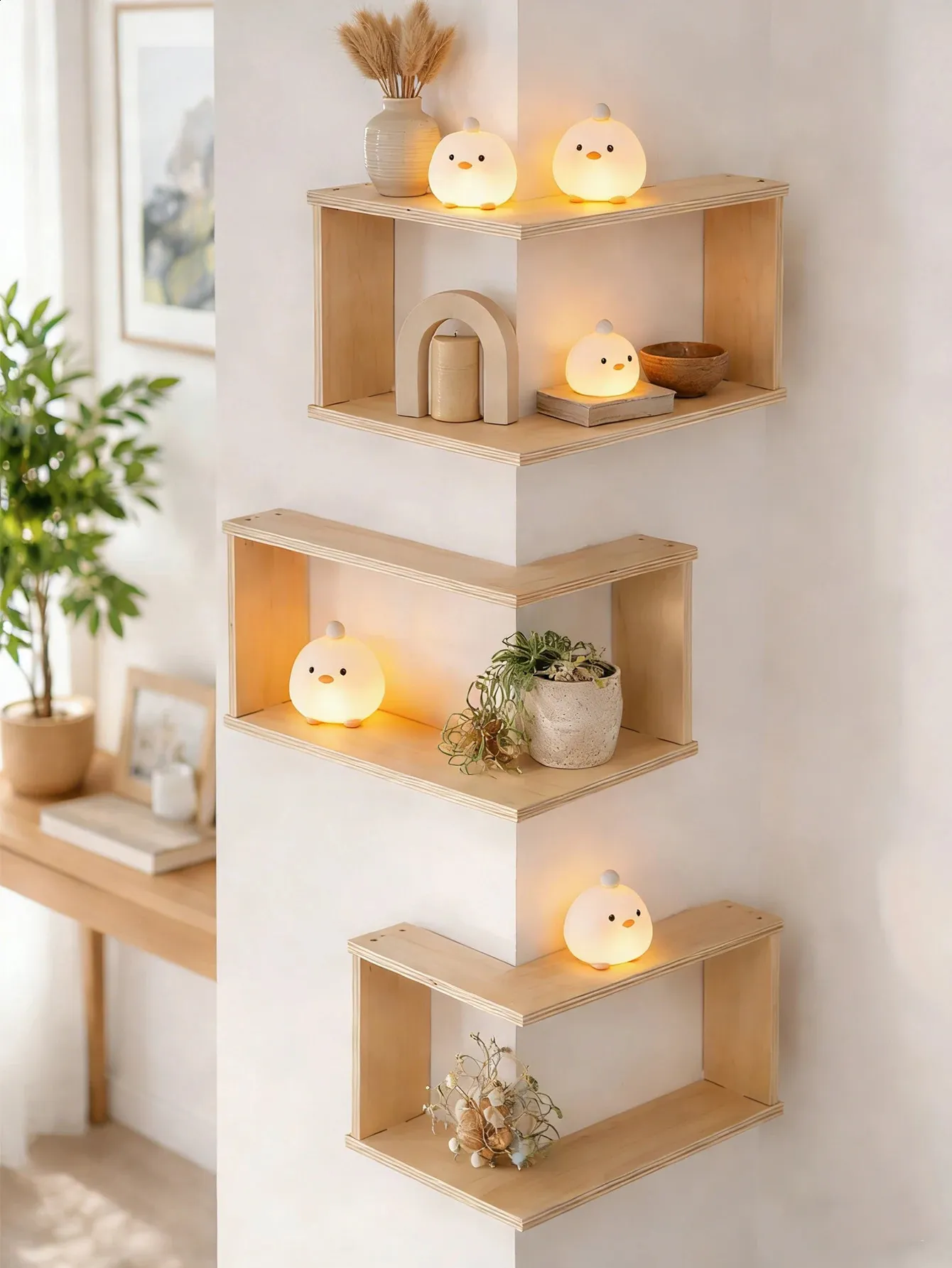 Corner Floating Wooden Shelves Wall Mounted Storage Rack for Living Room Bedroom Home Organizer Plant Ornament Art Display 260627BJ