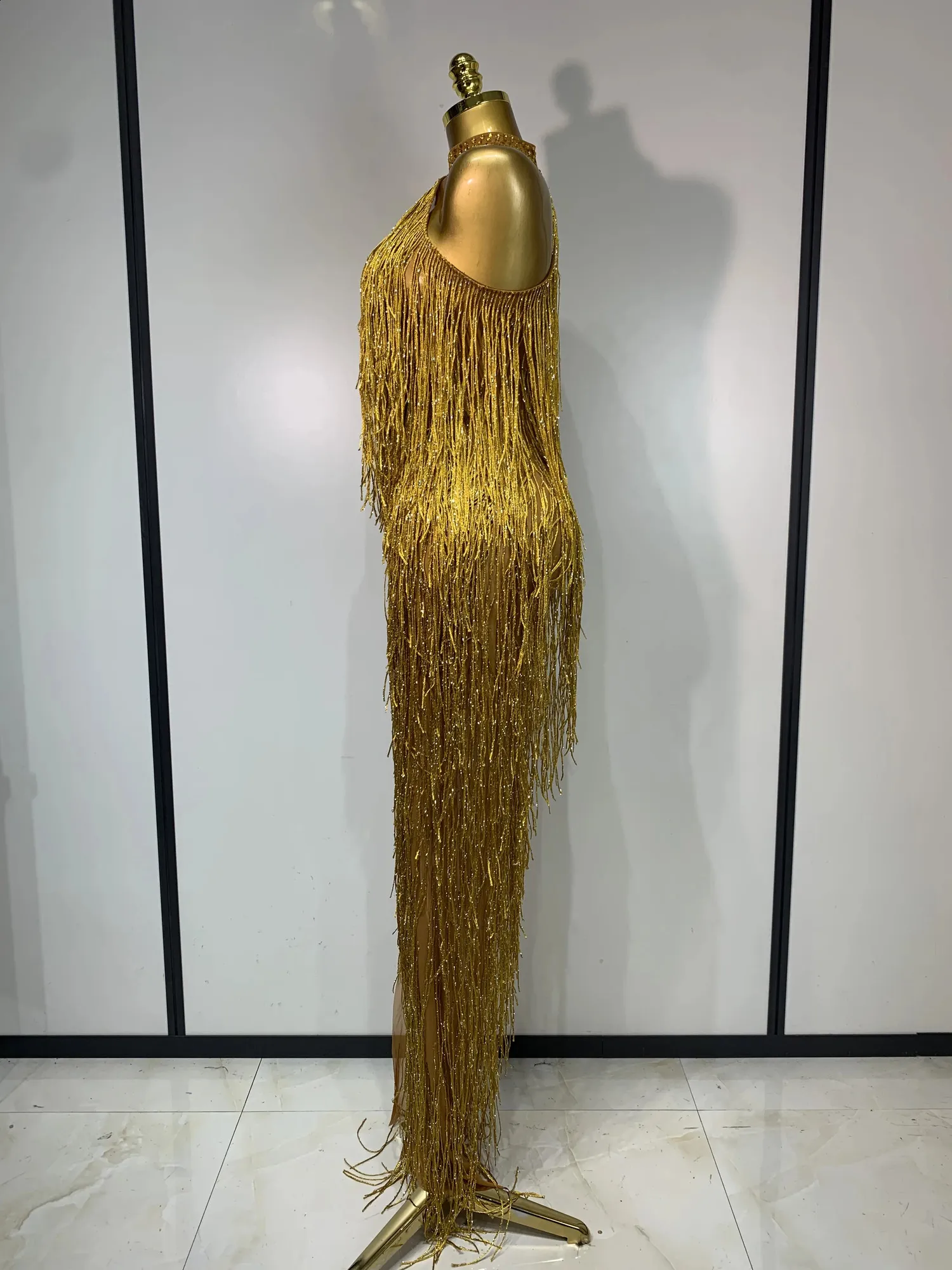 gold fringe tassel dress Prom Halter Gown With Shiny Crystals For... From Keng02, Rs.8,300.74 In Bulk sizeFilter-US 0