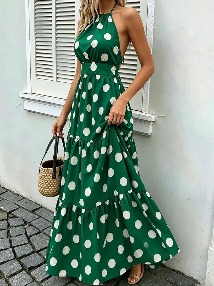 Beach Halter Tiered Green White Polka Dot Maxi Dress Sundress for Women Vacation Daily 260626