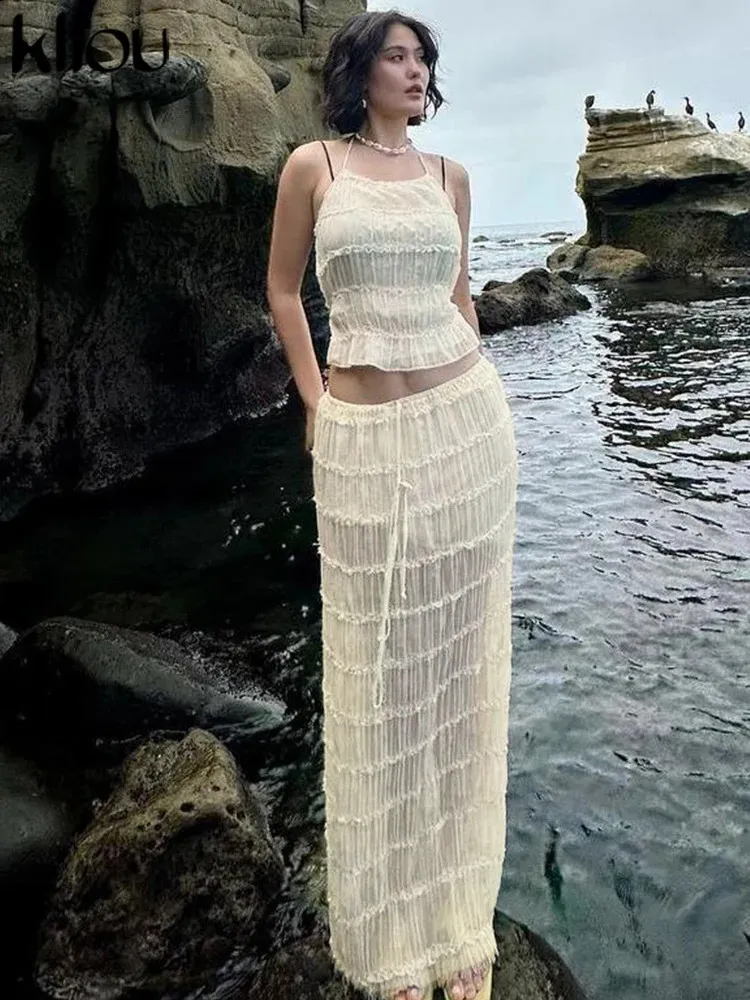 Kliou Mesh Shirring Women Set Solid Unique... From Mysticastore 