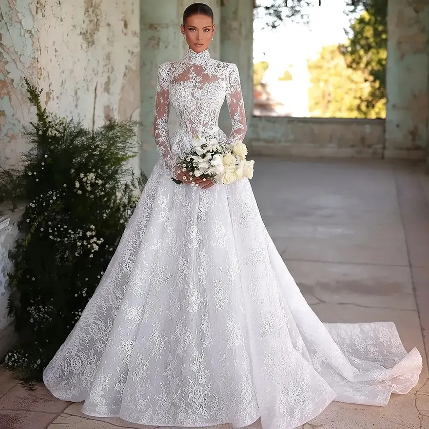 high neck a line wedding dress A-line Satin with Long Sleeves,Modest Wedding Dress line wedding dress Soul  Custom-Made A-line High