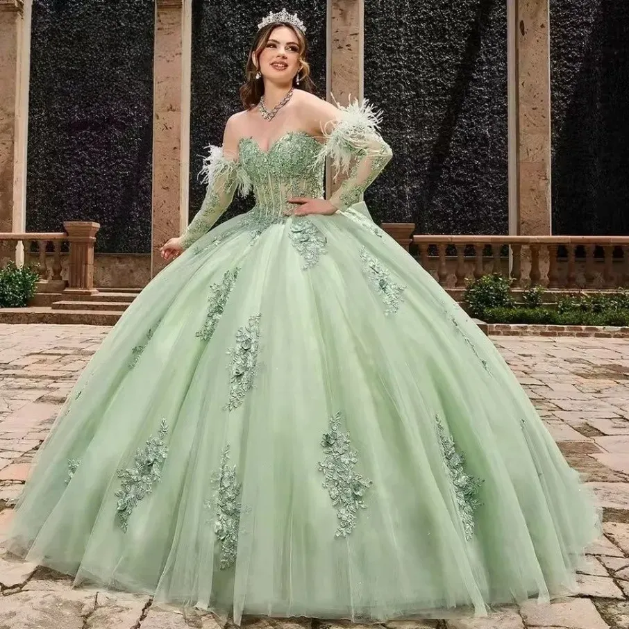 Mint green off-shoulder feathered puffy dress with vertical floral pattern, floor-length Quinceanera or adult princess gown