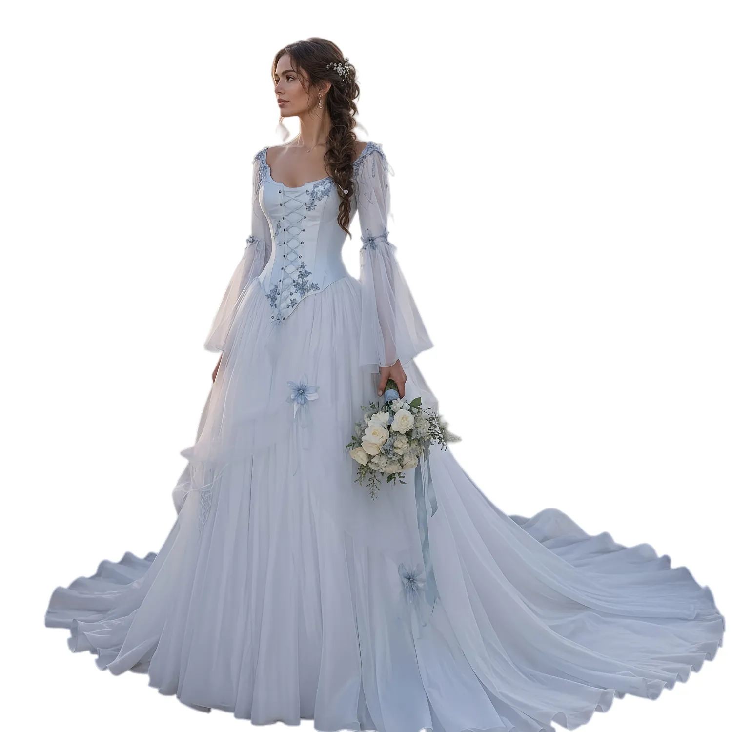 celtic blue wedding dress White & Blue Celtic Fantasy Wedding Dress Medieval Elven Gown With Tree of Life Print | Gothic Nature Handfasting Dress