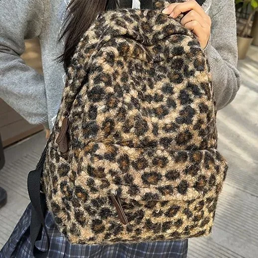 Y2K Vintage Plush Leopard Print Backpack For Girls From