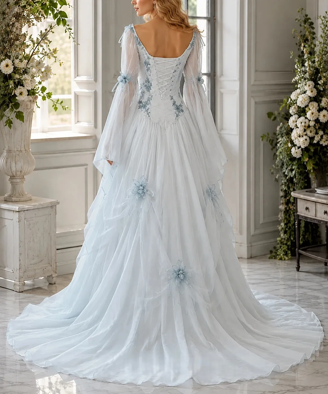 blue celtic wedding dress Vintage Celtic Wedding Dresses White And Pale Blue Colorful Medieval Bridal  Gowns Scoop Neckline Corset Long Bell Sleeves Appliques Flowers From  Weddingpalace, $94.28