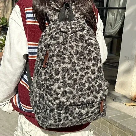 Y2K Vintage Plush Leopard Print Backpack For Girls From