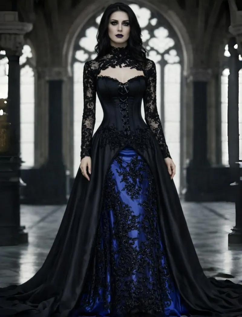 vampire formal dresses Strapless Long Vintage Gothic Evening With Jacket Sheer Lace Long Sleeve Black And Blue Steampunk Prom Gown Halloween Masquerade lehenga-choli-suits-chile