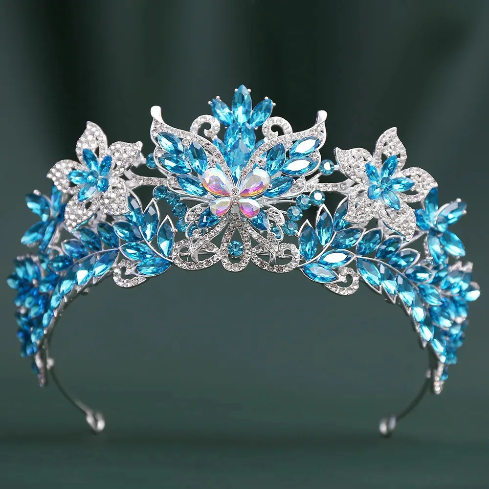 butterfly Baroque crown headband flower wedding tiara crystal bridal diadem Blue Butterfly Crown, Gold Butterfly Tiara, Something Blue  main image 4