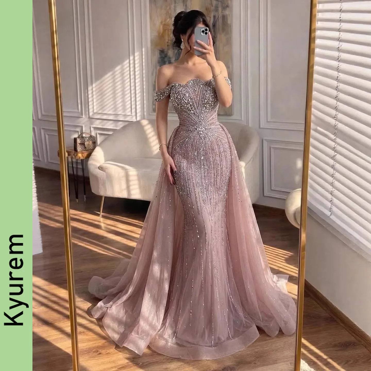 Luxury Champagne Pink Crystal Beading Mermaid Evening... From Echowavestore, Rs.27,747.86