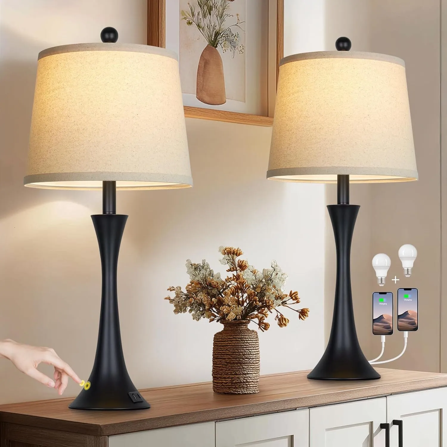 Touch Control Table Lamp Set Of 2 – 3-Way Dimmable Bedside Lamps With USB-A, USB-C & AC Outlet, 6W LED Bulbs Included, Modern Nightstand Lamps For Bedroom, Living Room, Office, Kids Room