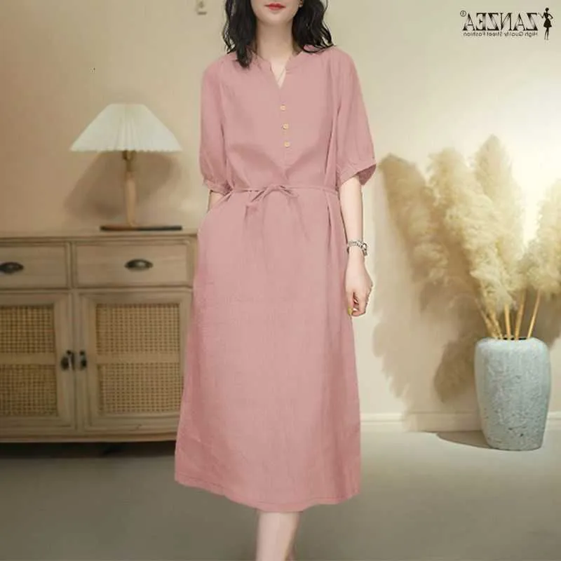 women zanzea casual dresses Miaspire Apricot V Neck Casual Dress Loose Fit Batwing Sleeve Flared Hem High Waist Woven Fabric Simple Summer Vacation Women's Smock Midi D,S