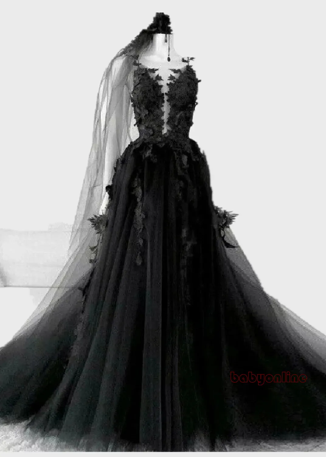 Plus Size Gothic Black Wedding Dress, A Line Floral... From Babyonline, Rs.9,704.68