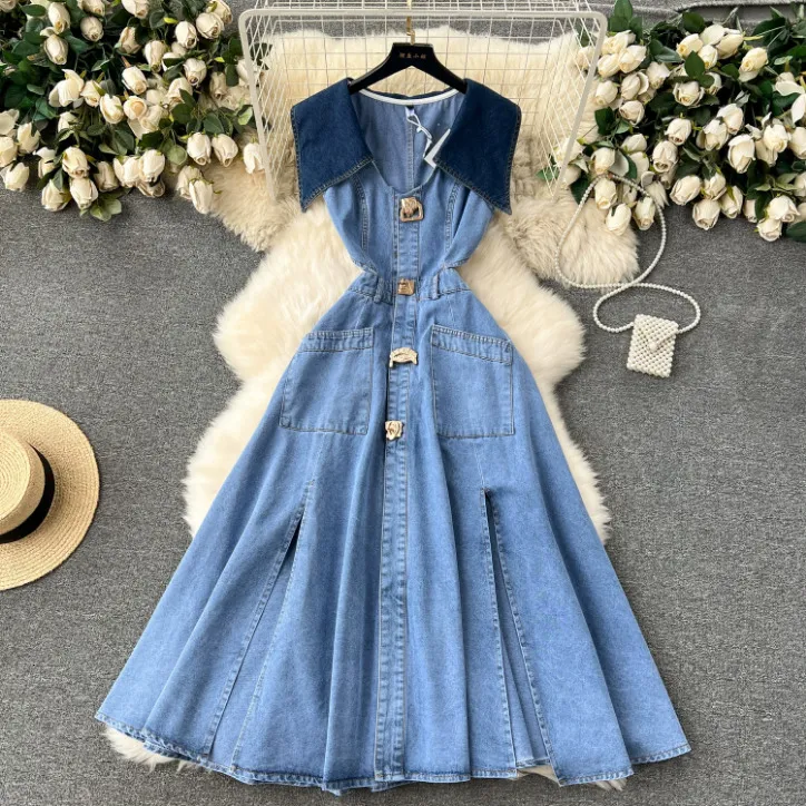 button up denim dress women Dark Long Sleeve Button-Down No stretch Material composition Framed Print Dress Bassike Denim Jacket Dress's Color:Custom color(please contact us)
