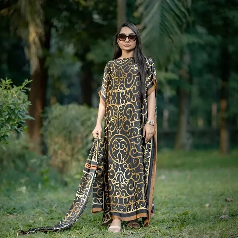 Elegant New Casual 2025 Retro Summer Bohemian Style Long Skirt with Scarf Malaysia loose fitting robes Muslim Abaya Autumn Dress X260630