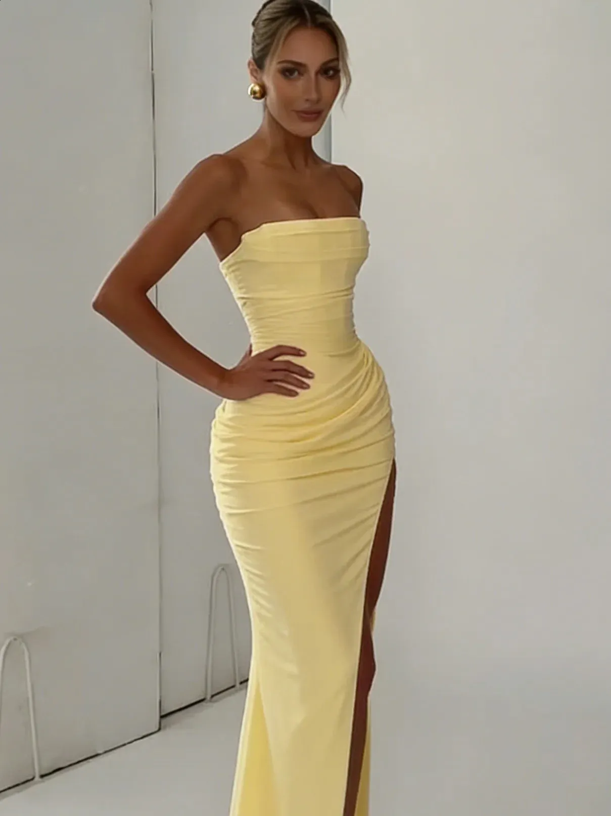 solid pleated strapless split dress Strapless Pleated Women Long Dress Elegant Solid Split Sleeveless Backless  High Waist Slim Fit Maxi Dresses 2026 Lady Party Robe