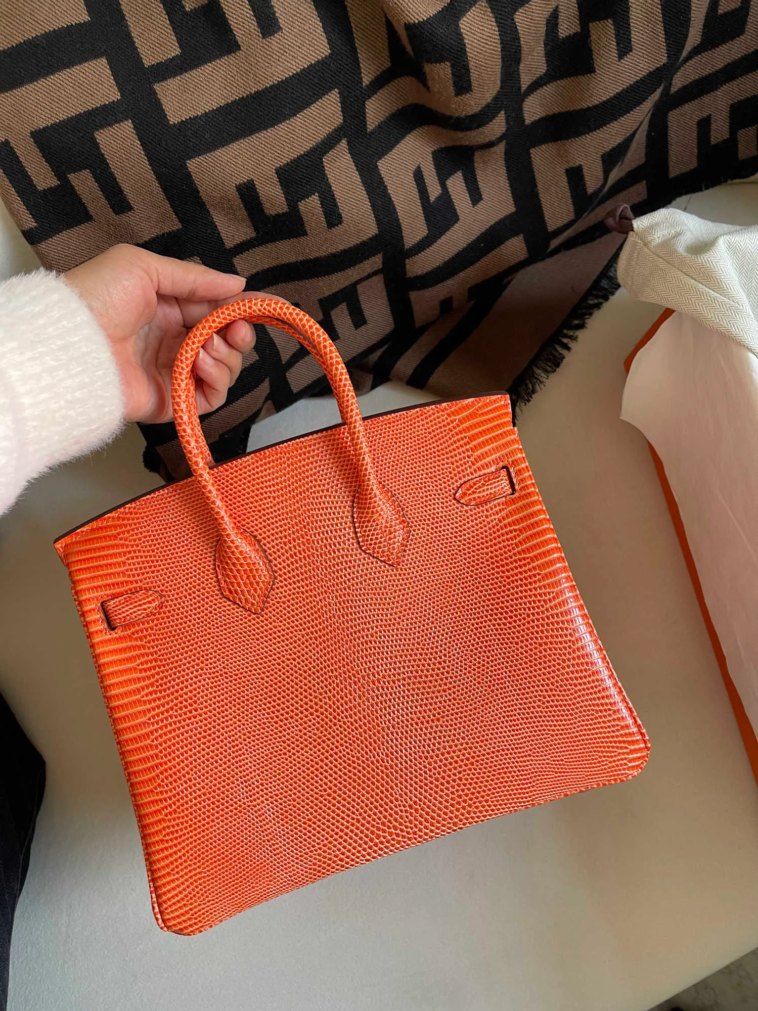Designer Bk Leather Handbag Lizard Embossed Top From
