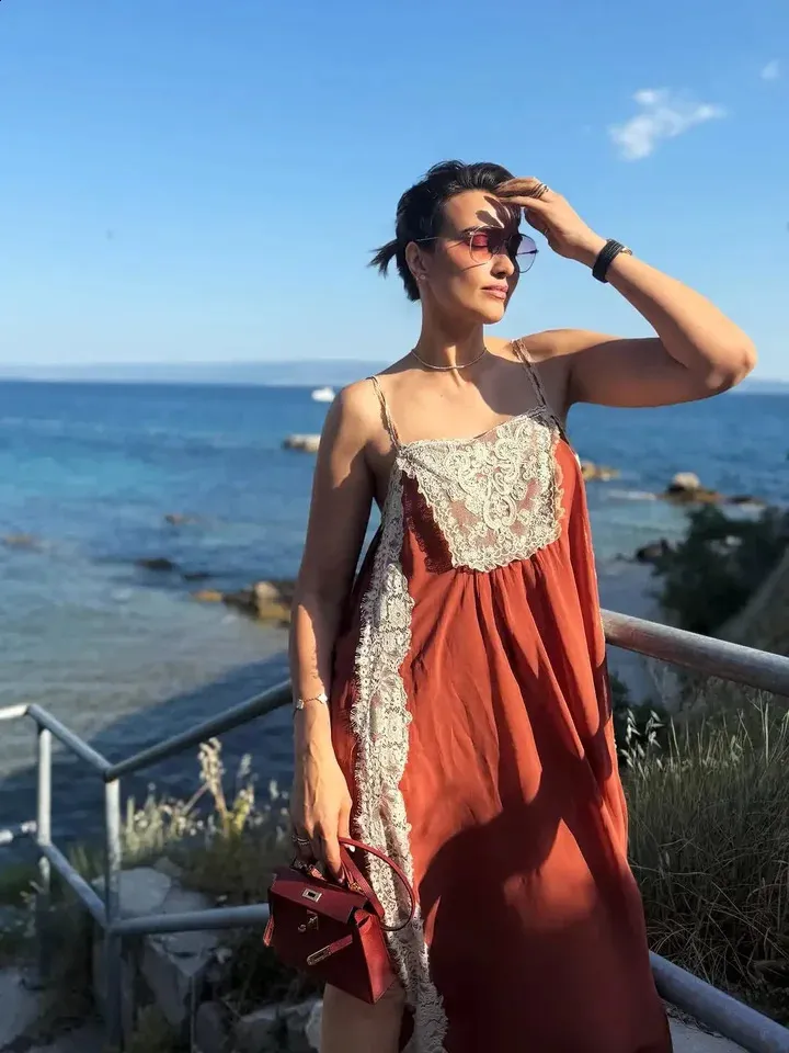 lace patchwork cami midi dress Women Rust Lace Patchwork Cami Midi Dress Boho Square Neck Sleeveless Loose  Flowy Casual Dresses Ladies Summer Vacation Robe 260629